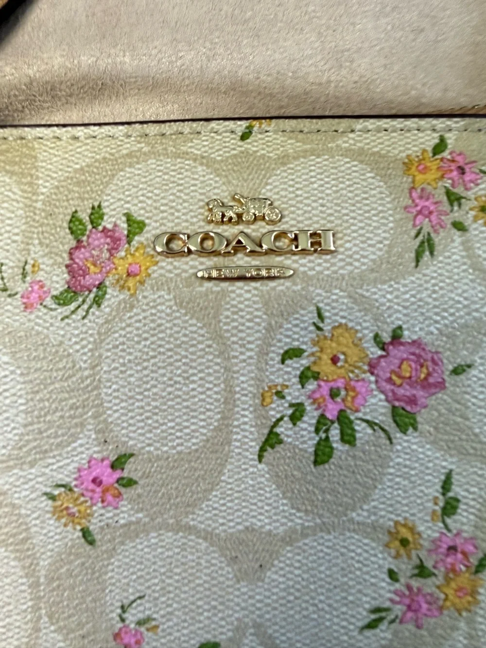 COACH SAND FLORAL SIGNATURE COATED CANVAS MINI POCHETTE/WRISTLET/GOLD HARDWARE